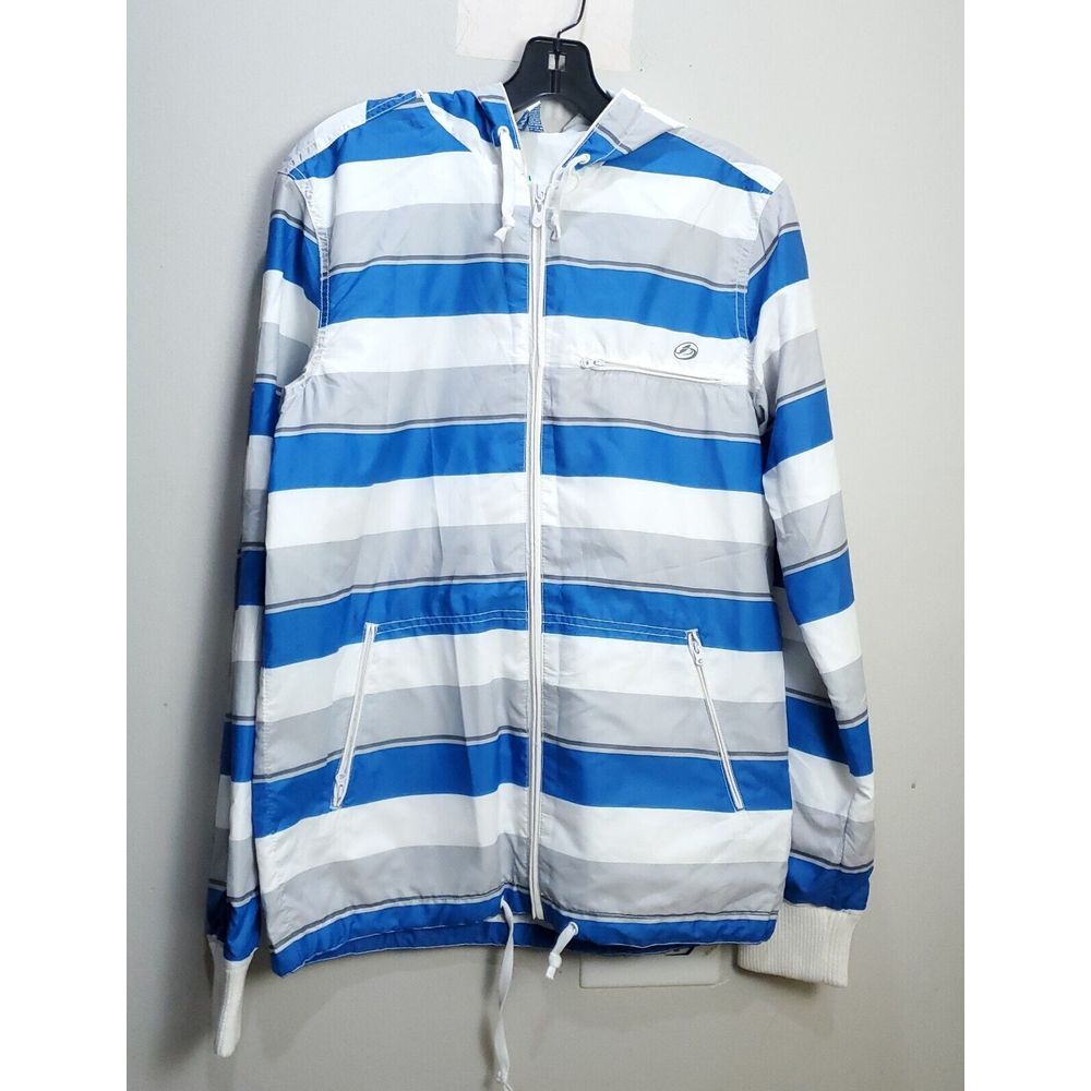 Kirra Jacket Mens Small Blue Gray Striped‎ Windbreaker Zip Hooded Lightweight